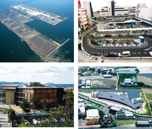 （左上）2002年 関西国際空港2期工事／空港島護岸築造工事（その1）竣工　（右上）2002年 JR和歌山駅西口広場整備工事竣工　（左下）2003年 和歌の浦アート・キューブ建設工事竣工　（右下）2005年 打田町生涯学習センター(仮称)建設工事竣工