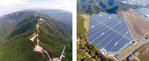 （左）2015年 広川・日高川ウィンドファーム新設工事竣工　（右）2016年「DREAM Solar 和歌山市」太陽光発電所設置工事竣工