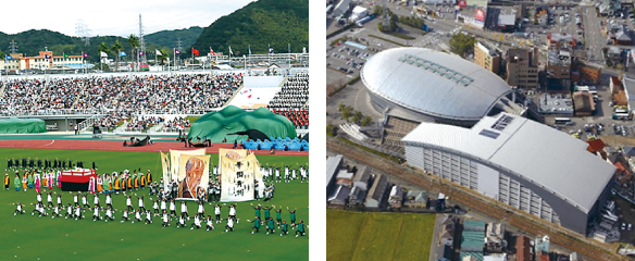 （左）2013年「紀の国わかやま国体」のオフィシャルスポンサーの1社として参加し、メイン会場の陸上競技場の会場設営・運営工事（仮設工事）に参画　（右）2011年 県立総合体育館（現・武道・体育センター 和歌山ビッグウエーブ）竣工